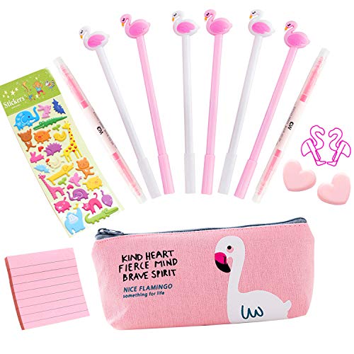 Black Rollerball Pen Pencil Case Cute Pens Stationary Gift Set Signing Pen 0.38mm for School Office Supplies (Flamingo)