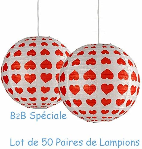 B2B Special " – Pack of 50 Pairs (100) Chinese Lanterns" Love Hearts Balloon 30 cm Ribbed Paper Lanterns White Love Decorated with Hearts in Red. Power Cords non-compris