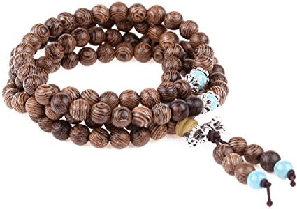VALYRIA Brown Wenge Buddhist Prayer 108 Beads Tibetan Mala Meditation Wrap Bracelet Necklace With Turquoise