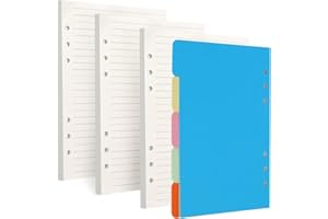Femolity A5 Refill Pads and A5 Dividers, 3 Packs 100GSM Thick Refill Paper 6 Hole Filler Inserts Loose Leaf Paper 135 Sheets (270 Pages) with 5PCS A5 Dividers for 6 Ring Binder Notebook