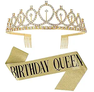 Party Propz Golden Birthday Girl Sash and crown for decorations items/ birthday gifts for best friend girl/one year, 2nd, 13th, 16th, 18th, 20th, 21st, 25th,30th, 35th bday girls headband- Multi color