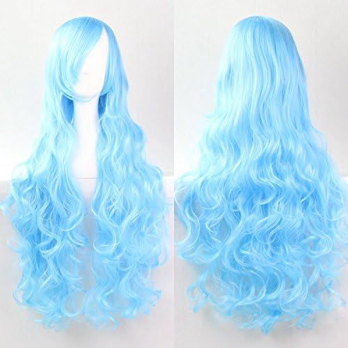 Womens Ladies Girls 80cm Blue Color Long Curly Wigs High Quality Hair Carve Cosplay Costume Anime Party Bangs Full Sexy Wigs