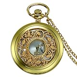JewelryWe Retro Taschenuhr Golden Gehäuse Hohle Blumen Muster Herren Damen Analog Quarz Uhr Kettenuhr mit Halskette Kette Pocket Watch Geschenk