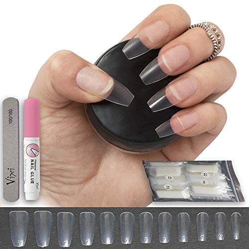 50 Pieces Long Clear Coffin/Ballerina False Nails - 10 Sizes - Medium Full Cover Nails For Nail Salons & DIY Nail Art FREE GLUE & SMALL PREP FILE