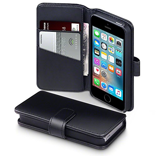 iPhone SE Funda Cartera de aut  ntico cuero  tapa delantera con billetera para tarjetas - Negro oscuro