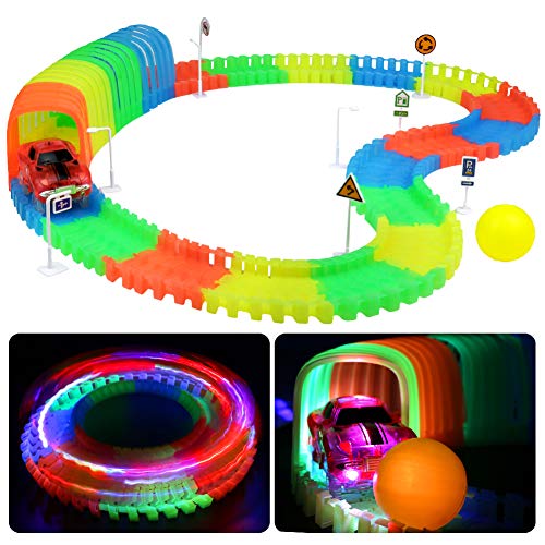 Circuito Coches Luminoso Pista - Flexible LED Cars Circuito Túnel para Niños 96 Pedazos de Pistas y 2 Túneles Juguete de Construcción para Niños 3 4 5