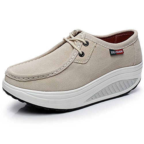 Shenn Donna Comodo Piattaforma Cuneo Scamosciato Pelle Addestratore Sneaker Scarpe 1061(Beige,39 EU)