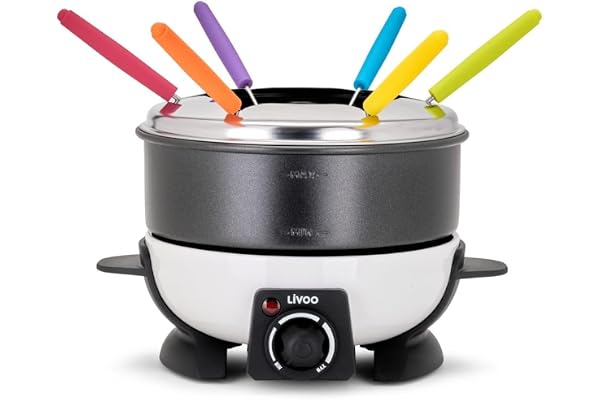 Livoo DOC106 Appareil à Fondue 6 Personnes | Capacité 1,6 L | 6 Fourchettes incluses | Thermostat Réglable | 500 Watts