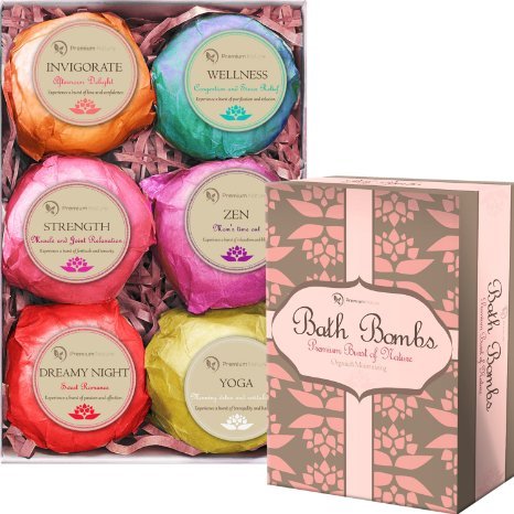 Premium Nature Bath Bombs Lush Gift Set - 6 Organic Essentila Oil Handmade Spa Fizzies, With Cocoa & Shea Butter, Releives pain & Moisturizes Dry Skin