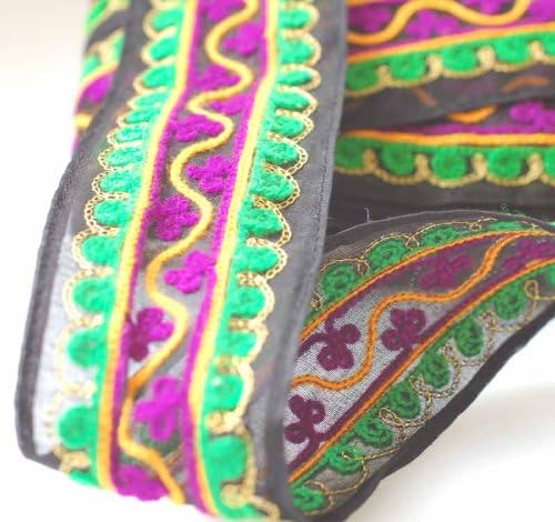 Neotrims Unique Limited Edition Beautiful 4cms Dainty Indian Embroidery Border on Black or White base, in a Cornelli Style with Gold Metallic thread highlights; Salwar & Sari style; Cotton Gauze Voile Fabric By The Yard, Great Price