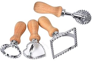 BKRDTY Taglia Ravioli 4 pezzi Stampo per Ravioli Pasta Quadrato Tondeggiante Cuore Ruota Stampi Ravioli con Manico in Legno per Ravioli Pasta Gnocchi Lasagna e Biscotti