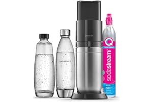 Sodastream DUO Machine à Eau Pétillante et Soda pour Carafe en Verre | Pack 1 Carafe en Verre 1L + 1 Bouteille 1L Finition Acier Inoxydable Lave-Vaisselle + 1 Recharge de Gaz 60L à Clipser | Noire