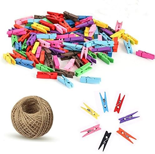 100PCS Colored Wooden Photo Clips Mini Pegs Clothespins Clothe Photo Paper Craft DIY Clip with 30 Meters Jute Twine For Christmas Cards Photos Notes