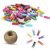 Paquete: 100Pcs Colored Clothespins (diferentes colores) + 30meters cuerda de yute; Tamaño del clip: 3,5 cm x 0,8 cm (L * W) = 1.4inch; x 0,3 cm; (L * W)