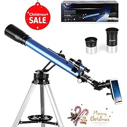 TELMU Téléscope Astronomique - 60 / 700 mm Téléscope, Oculaires K6mm et K25mm, viseur 5x24 et Molette d'Azimut, Vue 360°, Convient aux Amateurs Débutants (Adaptateur pour Smartphone)