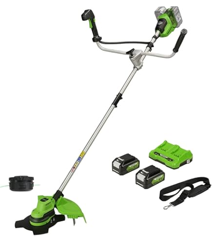 Greenworks Akku-Rasentrimmer 48V (24V x 2) 33cm mit 2 Akku 2Ah und Ladegerät, 2mm Faden, Hi/Low-Modus, Stoßgeführte Schneidkopfvorrichtung GD24X2LTK2x