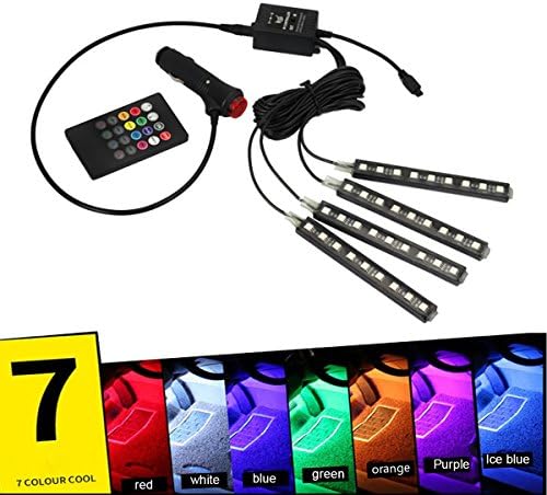 KIPTOP 4pcs Car Interior Atmosphere Lights , 7 Color LED Interior Footwell Lighting Kit Neon Lights Strip for Car With Music Active Function and IR Remote Control (9 LED Light A)