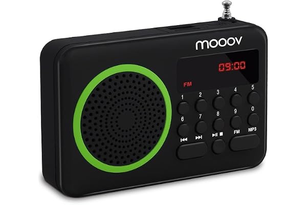 mooov 477202 Petite Radio Portable FM avec Batterie Rechargeable - Poste Transistor Radio Réception FM, Port USB, Lecteur Carte Micro SD - Noir / Vert