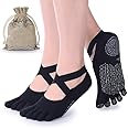 FLORISCA Non Slip Finger Yoga Socks For Women Girls,Anti Slip Five Toe Full Lenght Cotton Regular Socks For Gym Workout,Yoga For Girls Women At Home, Black