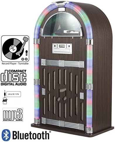 Vinyl Record Player Jukebox - CD Player Jukebox - BLUETOOTH Jukebox / Speaker - Multi Functional - Radio - 3.5mm Jack Aux IN / Bluetooth Link to iPhone, Samsung Galaxy, Sony Xperia, etc - Floor Stand