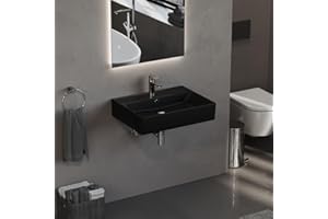 ‎AQUA BAGNO Aqua Bagno Waschbecken Schwarz Matt 60 cm, Keramik Aufsatzwaschbecken fürs Bad, rechteckiger Waschtisch mit Hahnloch, Waschplatz, modernes Waschbecken zur Wandmontage, für Badezimmer und Gäste WC