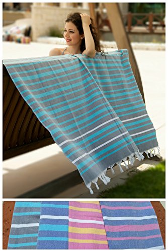 Hamamtuch XXL 'IBIZA' | 150x210cm | Als superdünnes Badetuch oder Strandtuch ideal. | Hochwertige Qualität 100% Baumwolle handgewebt, sehr weich| Original nur von ZusenZomer (150x210 cm, Türkis und gris)