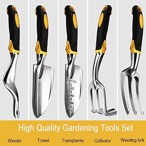 5-Piece Garden Tools Set Garden tools kit with Weeder,Trowel ,Transplanter,Cultivator,Weeding Fork -High Strength Aluminum and Silicone Handle Round Hangging Hole for Storage Best for Father's Day gift