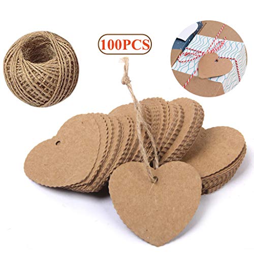 Dproptel Heart Shaped Kraft Paper Cards Gift Favor Tags Price Tags for Wedding Christmas Party Supplies with 20m Jute Twine (Brown)