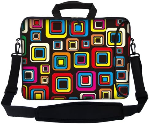 15.6 inch Neoprene Laptop Bag Sleeve with Extra Side Pocket, Soft Carrying Handle & Removable Shoulder Strap for 14" to 15.6" Size Notebook Computer (Colorful Square Design)