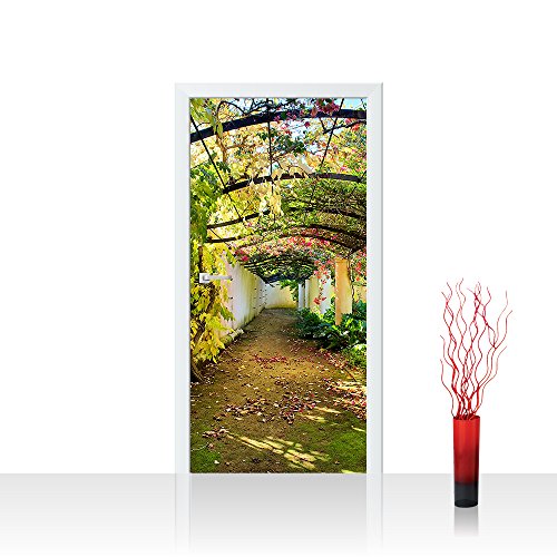 Türtapete selbstklebend 100x211 cm PREMIUM PLUS Tür Fototapete Türposter Türpanel Foto Tapete Bild - WAY IN MY GARDEN - Garten Terrasse Blumenranken Blume 3D Perspektive - no. 047