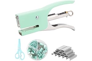 FOGARI Agrafeuse de bureau - Mini agrafeuse sans efforts - Avec aiguilles - Trombones - Ciseaux - Agrafeuse manuelle - Capacité de 16 feuilles pour bureau à domicile (vert)