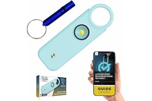 VOLTEK kit sifflet et Alarme personnelle (Azur) Femme Defense + detecteur Porte et fenêtre autodéfense Auto Alarme Mini Autonome + sifflet Urgence personnelle Lampe puissante 135 DB, USB-C, Guide