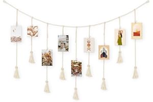 ecooe Cornici Foto Multiple da Parete con 30 Clip e 10 Unghie senza Tracce, Corda con Nappa Porta Foto con Mollette, Cornice Portafoto Collage per Appendere da Decorazione 100x60 cm