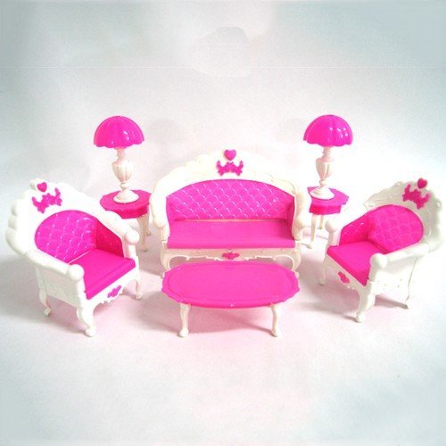 Barbie Sindy doll sized Pink Living room Furniture Set: Sofa, Chairs, Tables & Lamps - posted from London By Fat-Catz-copy-catz