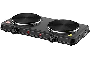 Piastra Elettrica Doppia, Fornello da Cucina e Campeggio, 2000W MOKEKA con Piastre in Ghisa, 5 Livelli di Cottura, 2 Piastre da 15,5cm - Ideale per Casa e Outdoor (2000W)