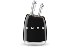 Smeg, Bloc de Couteaux, KBSF02BL, 6 Couteaux Inclus en Acier Inoxydable, Corps de Bloc en Acier Inoxydable et Fente pour Couteau en Bois d’Acacia, Noir