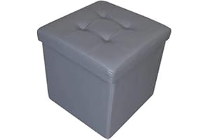 HomeHarmony® Quilted Top Folding Storage Ottoman Seat, Stool, Toy Storage Box Faux Leather (Silver, Medium)