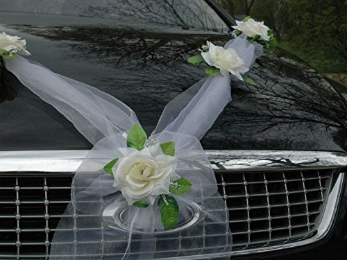 ORGANZA M Auto Schmuck Braut Paar Rose Deko Dekoration Autoschmuck Hochzeit Car Auto Wedding Deko Girlande PKW (Ecru / Weiß) - 2