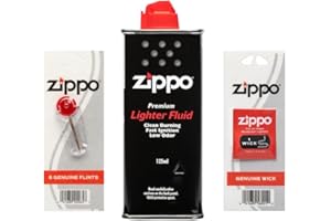 ZYBUX Zippo Lighter Fluid - 125ml Fuel Refill with Genuine Zippo Wick, Windproof Fast Ignition, Low Odour, Easy Refill Nozzle, Universal Fit for Clipper Lighters, Gas Light - 6 Zippo Flints