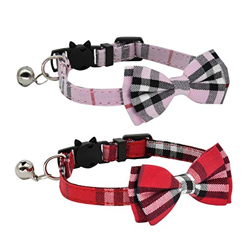 DAIXI Collare per Gatto, Staccabile con Fiocco Carino Cravatta e Campana per Gattino e Alcuni Cuccioli, Regolabile da 7.8-10.5 Pollici (Rosa + Rosso)