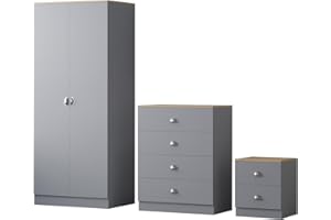 FWStyle Esher 3 Piece Bedroom Furniture Set including 2 door wardrobe, a large 4 drawer chest and bedside cabinet,Matt Grey