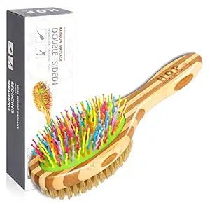 Double-Sided Pet Brush for Grooming & Massaging Dogs, Cats & Other Animals ? Fur Detangling Pins & Coat Smoothing Slicker Bristles, Double The Brushing Groom Power in One Tool, Bamboo Handle