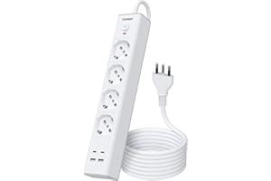 TOPREK Ciabatta Multipresa Elettrica con 4 Prese Universali ITA 10/16A e Schuko e 2 USB C e 2 USB A, 4000W/16A Spina Italiana, Multipresa con Interruttore, 2M Cavo(Dotato di 2 Fascette Plastica)