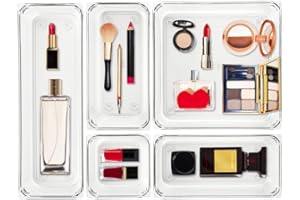 Ravinte System porządkowania szuflad, 5 sztuk, 4 rozmiary, przezroczyste akrylowe pojemniki do przechowywania z antypoślizgowymi podkładkami, wszechstronna półka na biurko, do makijażu, biżuterii,