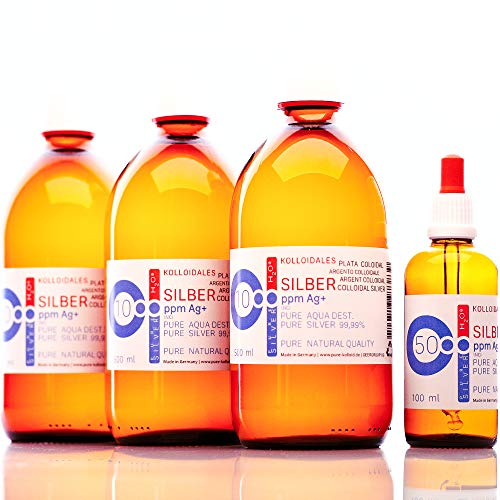1600ml Plata coloidal PureSilverH2O / 3 x Botellas (cada 500ml/10ppm) Plata coloidal + pipetas botella (100ml/50ppm) - 99,99% de plata pura - la mejor calidad - Made in Germany