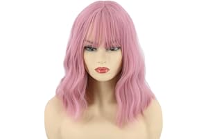 Topcosplay Peluca Rosa para Mujeres Corta Bob Peluca Rizada con Flequillo Peluca Sintética para Halloween o Uso Diario
