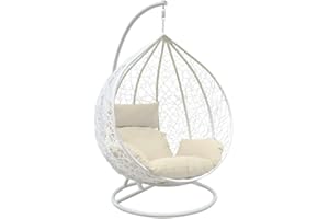 SHINE PLANET Rattan Swing Egg Chair Garden Swing Chair Patio Hanging Chair Indoor/Outdoor Hanging Hammock with Cushion (White Egg Chair & White Cushion)
