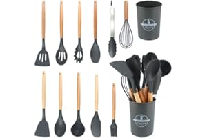 TINA&CO Juego de 12 Utensilios de Cocina de Silicona con Mango de Madera - Kit de Cocina Completo de Menaje, Antihaderente, Resistentes al calor y Duraderos (Gris)