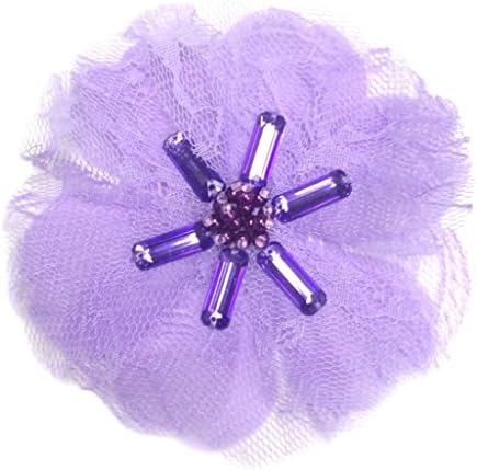 Cuteque International Victorian Lace Flower Embellished with Colored Beads, Pearls and Matching Rectangular Plastic Stones Sewn in Center, 4-Inch, Lavender