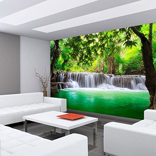 Vlies Fototapete PREMIUM PLUS Wand Foto Tapete Wand Bild Vliestapete – DEEP FOREST WATERFALLS – Wasserfall Bäume Wald Thailand See Wasser Meer – no. 067, Größe:300x210cm Vlies - 6